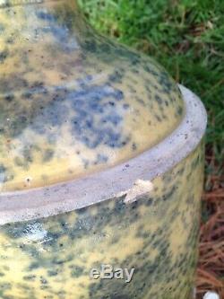 RARE Antique Stoneware Blue Spongeware Jug Crock, Yellowware