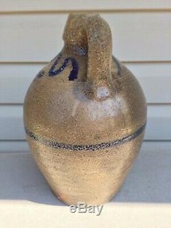 RARE Primitive Salt Glazed Stoneware Jug With Colbalt Fish Detailed Decoration