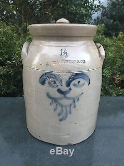 Rare 19thC Antique Stoneware Jar Crock Blue Cobalt LION HEAD Lower Manhattan Lid