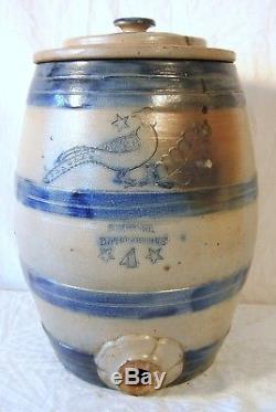 Rare 19th C. Stoneware Water-Cooler 4 Gal Somerset Potters Works MA Incised Bird