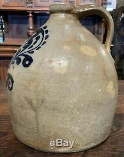 Rare A. Tucker Spring Hill Portsmouth NH Stoneware Jug or Crock with Blue Folia