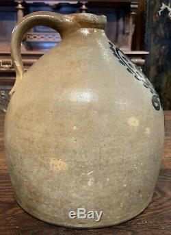 Rare A. Tucker Spring Hill Portsmouth NH Stoneware Jug or Crock with Blue Folia