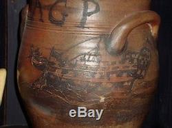 Rare American Stoneware Incised Ship Crock