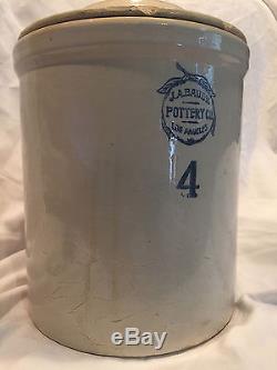 Rare Antique #4 Crock J. A. Bauer Pottery Co. Los Angeles 8 Gallon With Lid