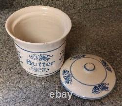 Rare Antique Brush McCoy Blue & White Wildflower Butter Stoneware Crock & Lid