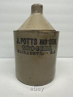 Rare Antique J Potts and Son Grocers Elizabeth NJ Crock Jug Stoneware New Jersey