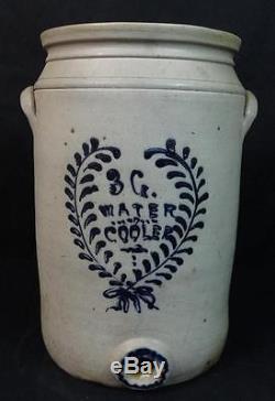 Rare Antique Stoneware 3 Gal. Water Cooler Decorated in Cobalt Script WOW
