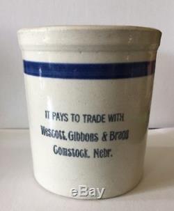 Rare Antique Stoneware Wescott, Gibbons & Bragg Crock Beater Jar Comstock, Nebr