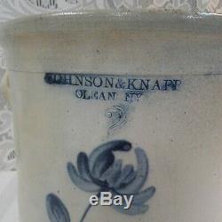 Rare Johnson & Knapp Olean NY Cobalt Blue Flower #2 Stoneware Handled Crock