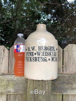 Rare Stoneware H. W. Berger Whiskey Jug Vicksburg Mississippi Bottle Crock