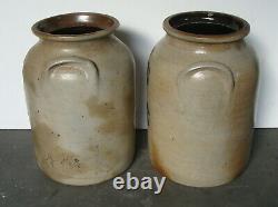 Rare matched pair 19th C cobalt decorated 2 gal saltglaze stoneware crocks