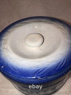 Salt Glaze Stoneware Butter Crock. Blue & White Cow Pattern. Pottery