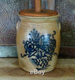 Salt Glaze Stoneware Pottery Walnut Hill Stoneware Butter Churn Blue Flowers #1