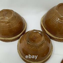 Set Of 3 Antique Stoneware Salt Glazed Mixing Bowls with lids Crock Farmhouse