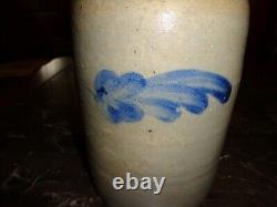 Small Size Antique Cobalt Blue Stylized Floral Decorated Stoneware Table Crock