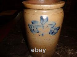 Small Size Antique Cobalt Blue Stylized Floral Decorated Stoneware Table Crock, a