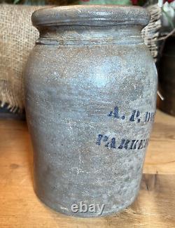 Stenciled Blue A. P. Donaghho Parkersburg W. VA. Gray Stoneware Sealer Crock