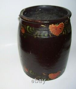 Stoneware Crock Brown with Tole Painting Antique Primitive
