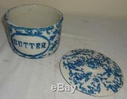Stoneware Salt Glaze Blue Sponge Butter Crock withCover Good Color