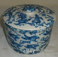 Stoneware Salt Glaze Blue Sponge Butter Crock withCover Good Color