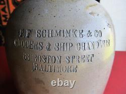Stoneware Whiskey Crock Jug PF Schminke & Co Grocers & Ship Chandlers Baltimore