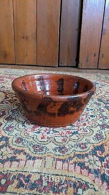 Sweet Antique Early Stoneware PA Redware Crock Bowl Manganese Glaze 7