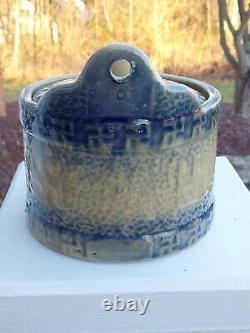 TAN & Blue Hanging Salt Crock INDIAN GOOD LUCK SIGN Stoneware Salt Glaze