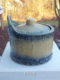 TAN & Blue Hanging Salt Crock INDIAN GOOD LUCK SIGN Stoneware Salt Glaze