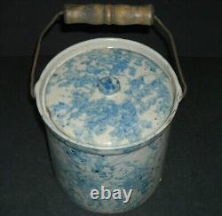 Tall Blue & White Spongeware Butter Pantry Crock with Lid Stoneware