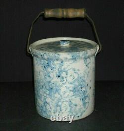 Tall Blue & White Spongeware Butter Pantry Crock with Lid Stoneware Red Wing