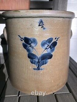 Unusual Antique 4 Gallon Stoneware Crock Cobalt Blue Decorated Floral