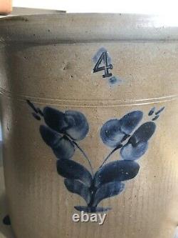 Unusual Antique 4 Gallon Stoneware Crock Cobalt Blue Decorated Floral