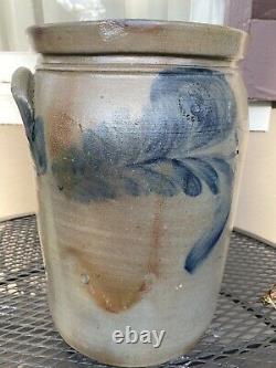 VERY CLEAN ANTIQUE 3 GALLON With BRUSHED ON BLUE COBALT DECORATED STONEWARE CROCK