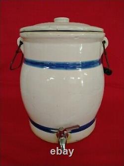 VINTAGE BLUE BAND 3 GALLON CROCK WATER COOLER WITH LID and HANDLES STONEWARE