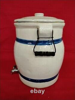 VINTAGE BLUE BAND 3 GALLON CROCK WATER COOLER WITH LID and HANDLES STONEWARE