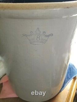 VTG 8 GALLON POTTERY STONEWARE CROCK Pot Lid Blue Crown USA Robinson Ransbottom