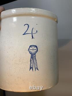 VTG Stoneware Crock Blue Ribbon Brand 4 Gallon Macomb IL Buckeye Pottery (12A)