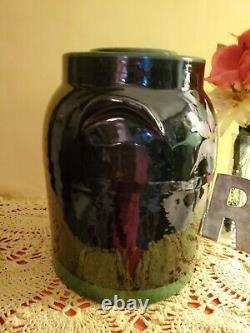 Vintage 1940s Primitive Brown/Black 9.5 Stoneware Lidded Crock. Hand Painted