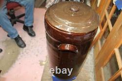 Vintage 20 Gallon Tall Brown Glaze Stoneware Crock 24 Tall With LID Excellent