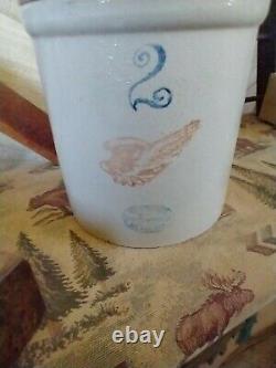 Vintage 2 Gallon Red Wing Union Stoneware Pottery Crock With 4Wing has Lid Nice