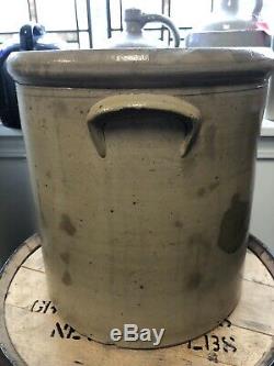 Vintage 4 Gallon Salt Glaze Handled Stoneware Crock Albany Slip Blue Rib Cage