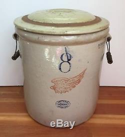 Vintage 8 Gallon Red Wing Stoneware Crock with Bail Handles and Petal Lid