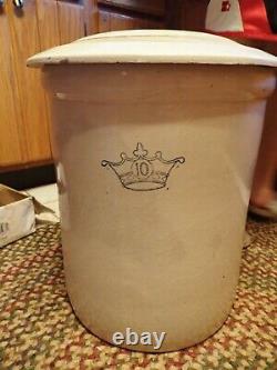 Vintage Antique Stoneware 10 Gallon Crock Large Overall 18 x 15 Beige Crown
