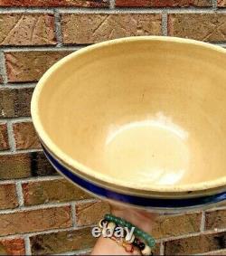 Vintage/Antique Stoneware Crock Mixing Bowl W Blue Strips And Ribbed