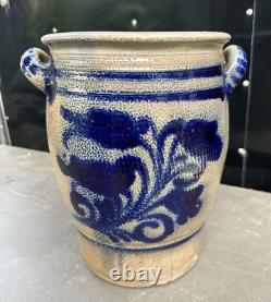 Vintage Blue & White Floral Decorated Stoneware 10L Crock