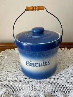 Vintage Blue and White BISCUITS Crock Wood Bale Handle Pristine Condition 1920's