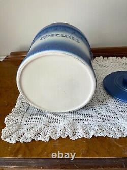 Vintage Blue and White BISCUITS Crock Wood Bale Handle Pristine Condition 1920's