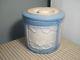 Vintage Blue And White Stoneware Butter Crock With Original Lid Draped Windows