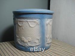 Vintage Blue and White Stoneware Butter Crock with Original Lid Draped Windows