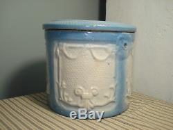 Vintage Blue and White Stoneware Butter Crock with Original Lid Draped Windows